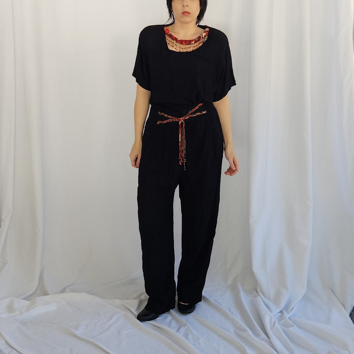 90s Black Rayon Pants and Tops Set