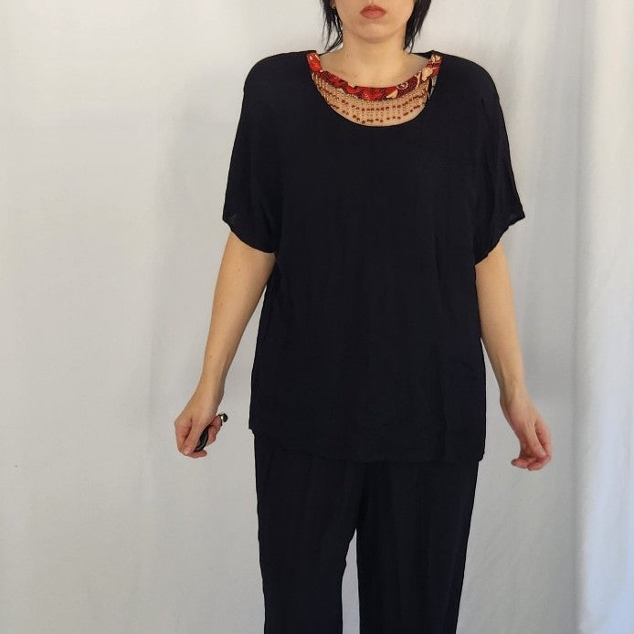 90s Black Rayon Pants and Tops Set