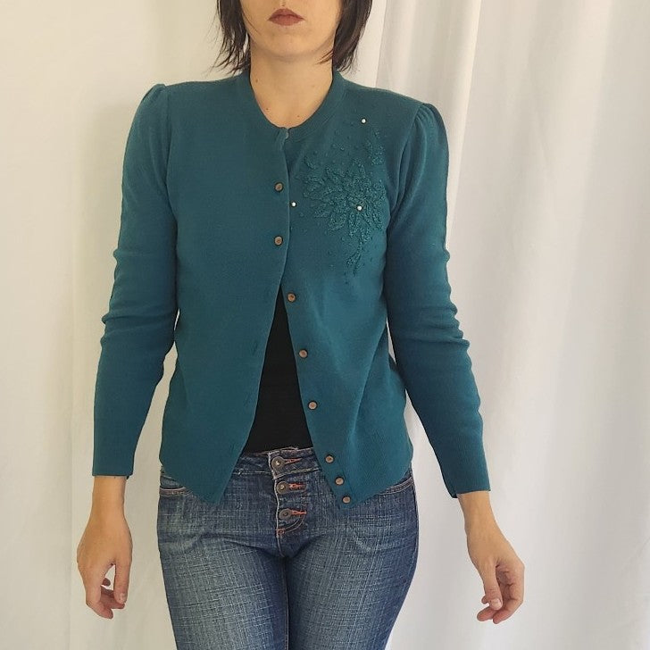 70s Blue Green Beaded Cardigan