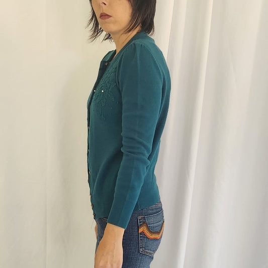 70s Blue Green Beaded Cardigan