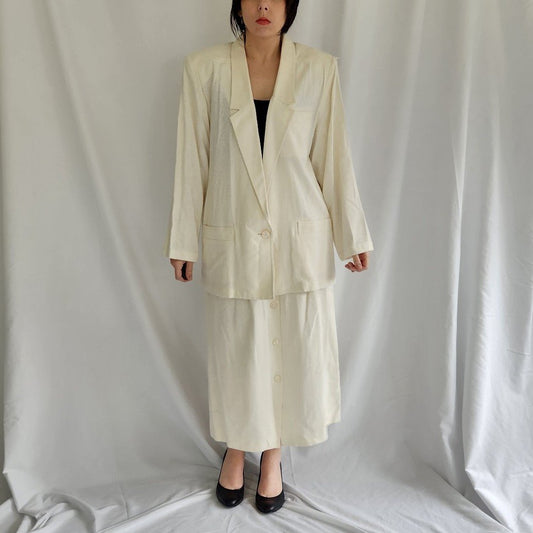 80s Cream Silk Oversize Blazer and Skirt Set