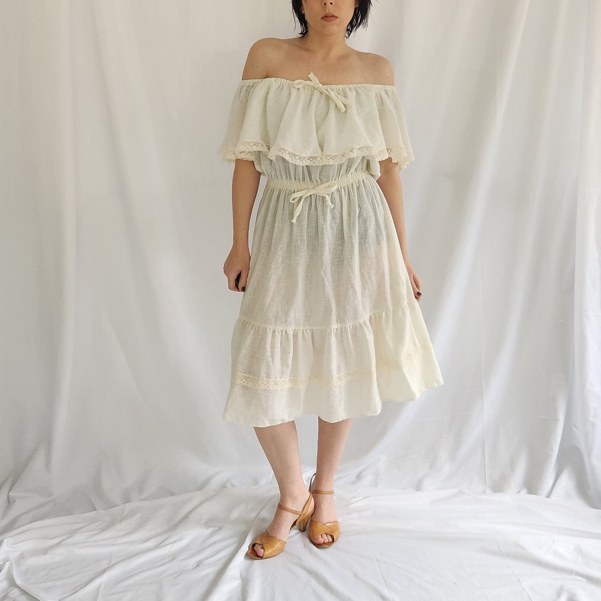 70s Cream Off the Shoulder Prairie Dress