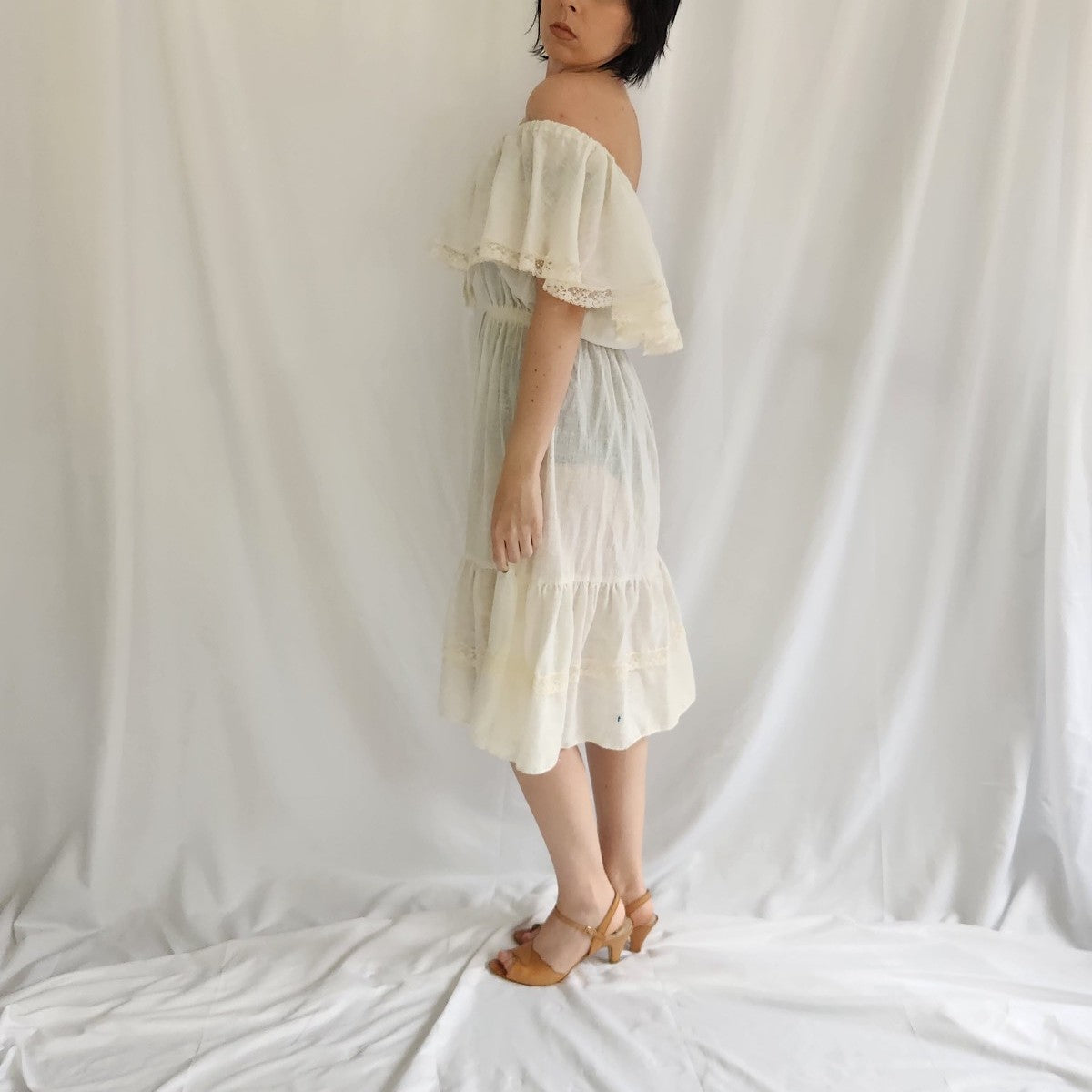 70s Cream Off the Shoulder Prairie Dress