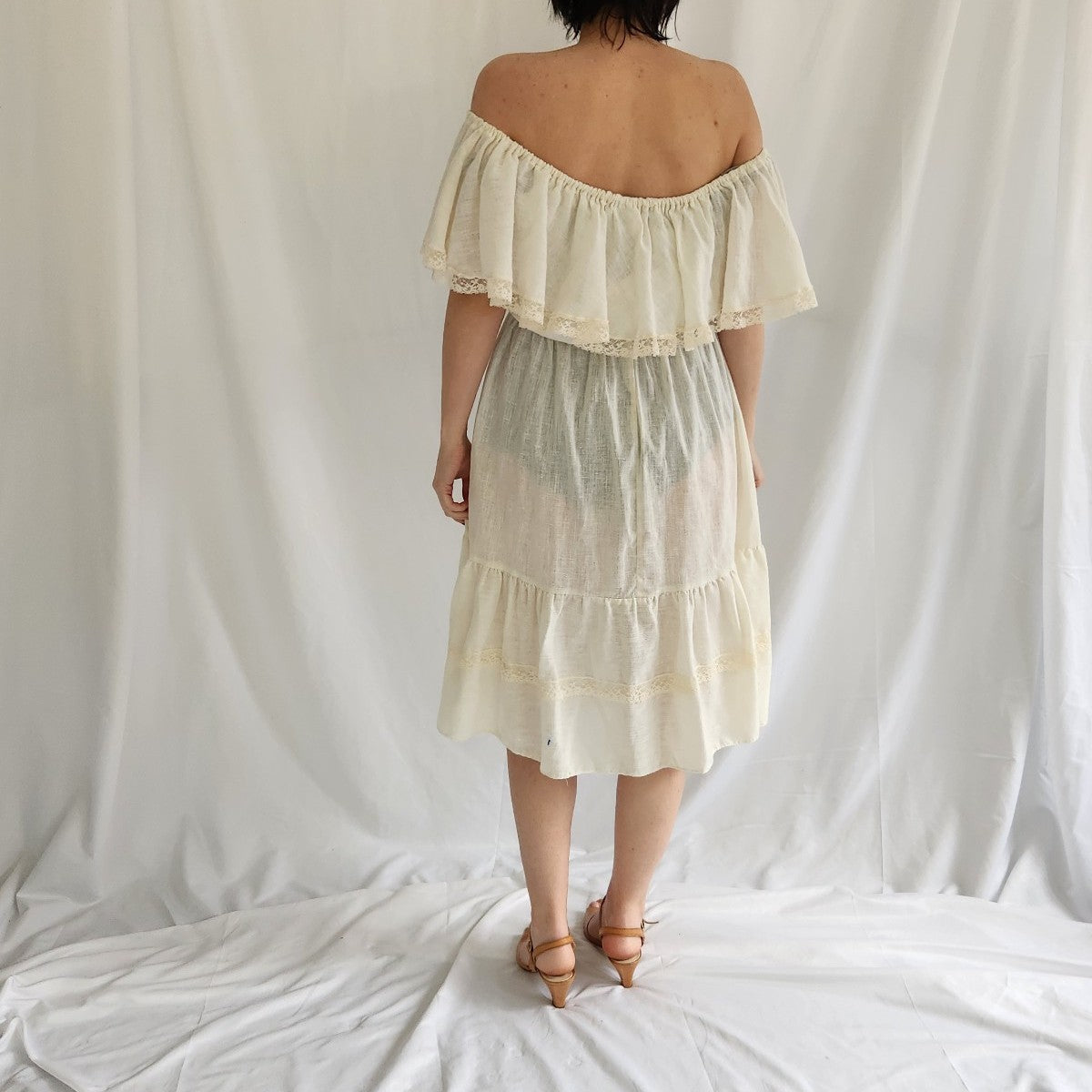 70s Cream Off the Shoulder Prairie Dress