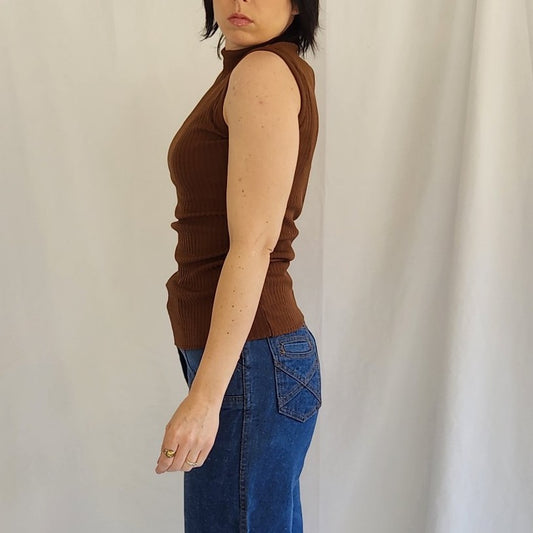 70s Brown Sleeveless Ribbed Mock Turtleneck Shirt