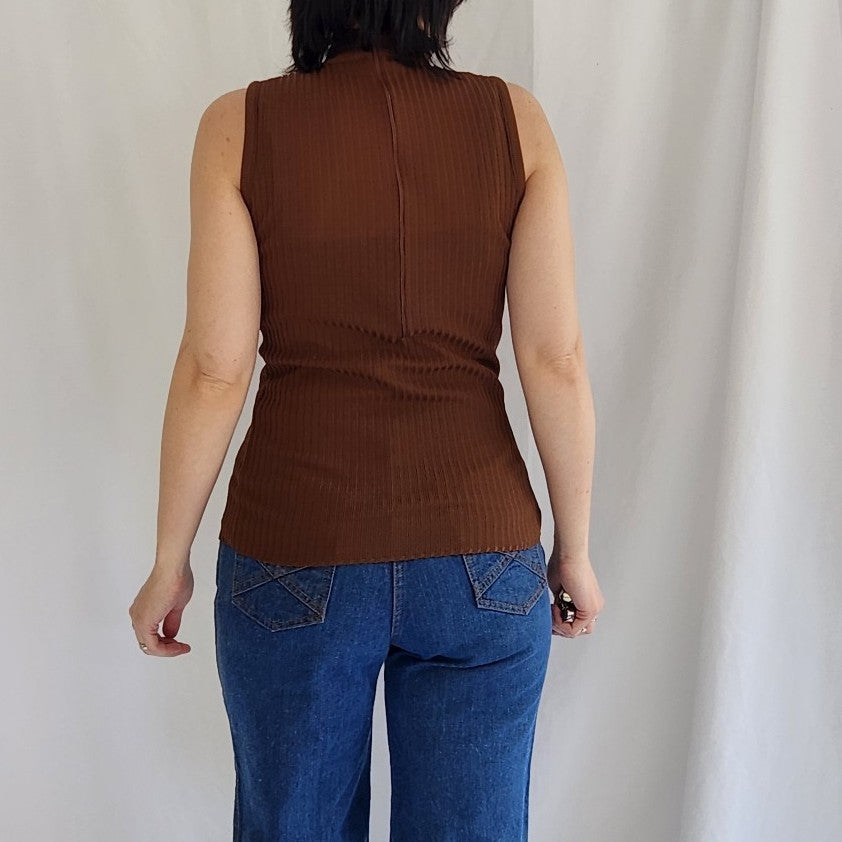 70s Brown Sleeveless Ribbed Mock Turtleneck Shirt