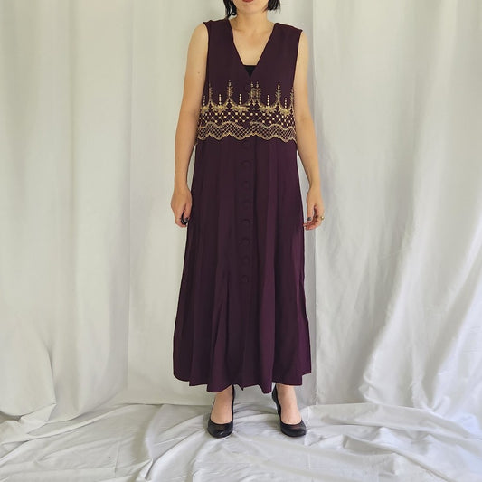 90s Purple and Gold Sleeveless Maxi Dress