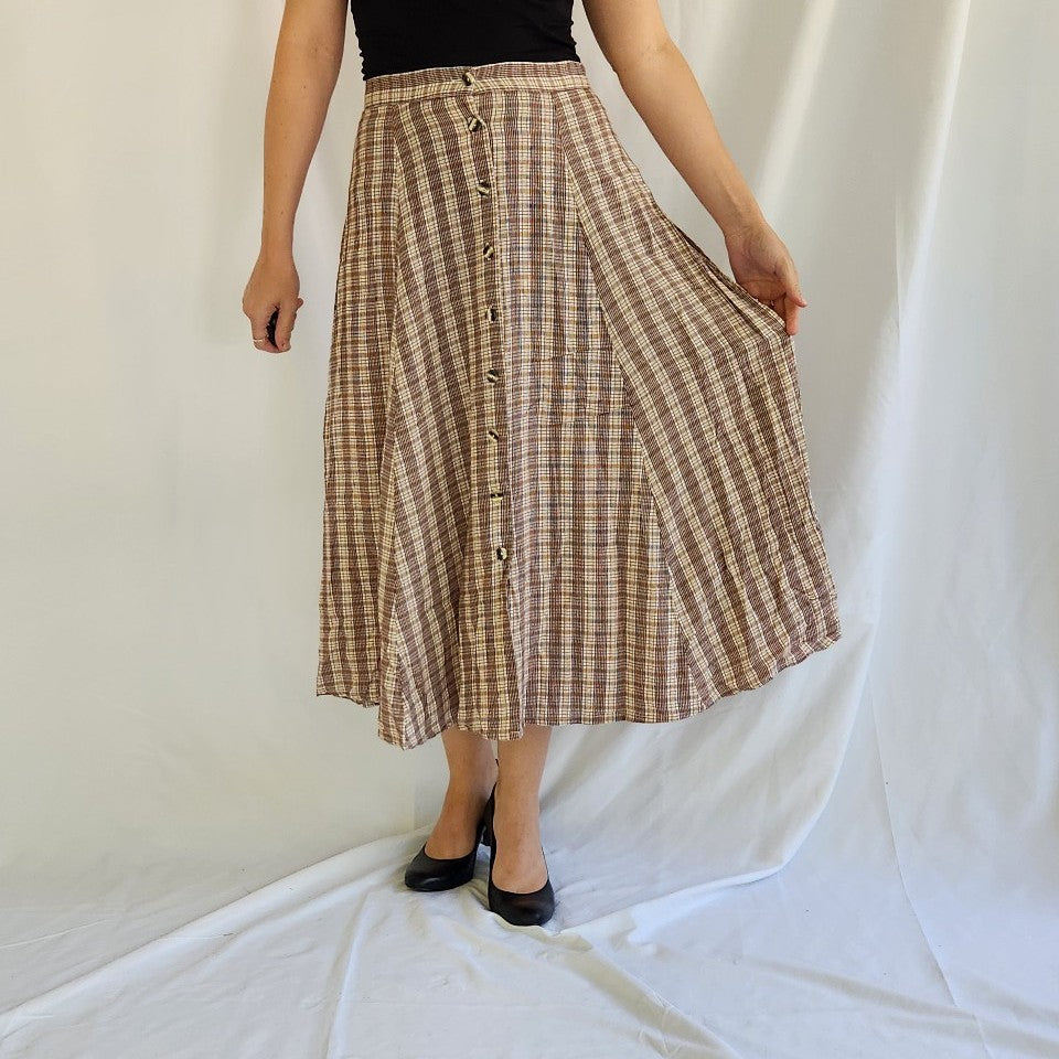 90s Red and Yellow Plaid Button Down Midi Skirt