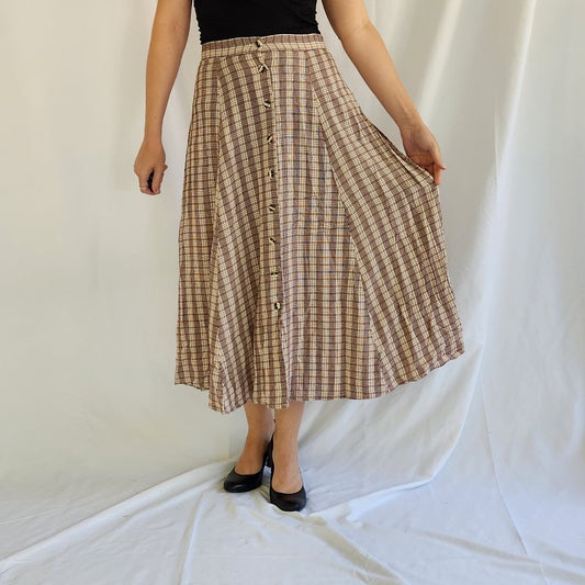 90s Red and Yellow Plaid Button Down Midi Skirt
