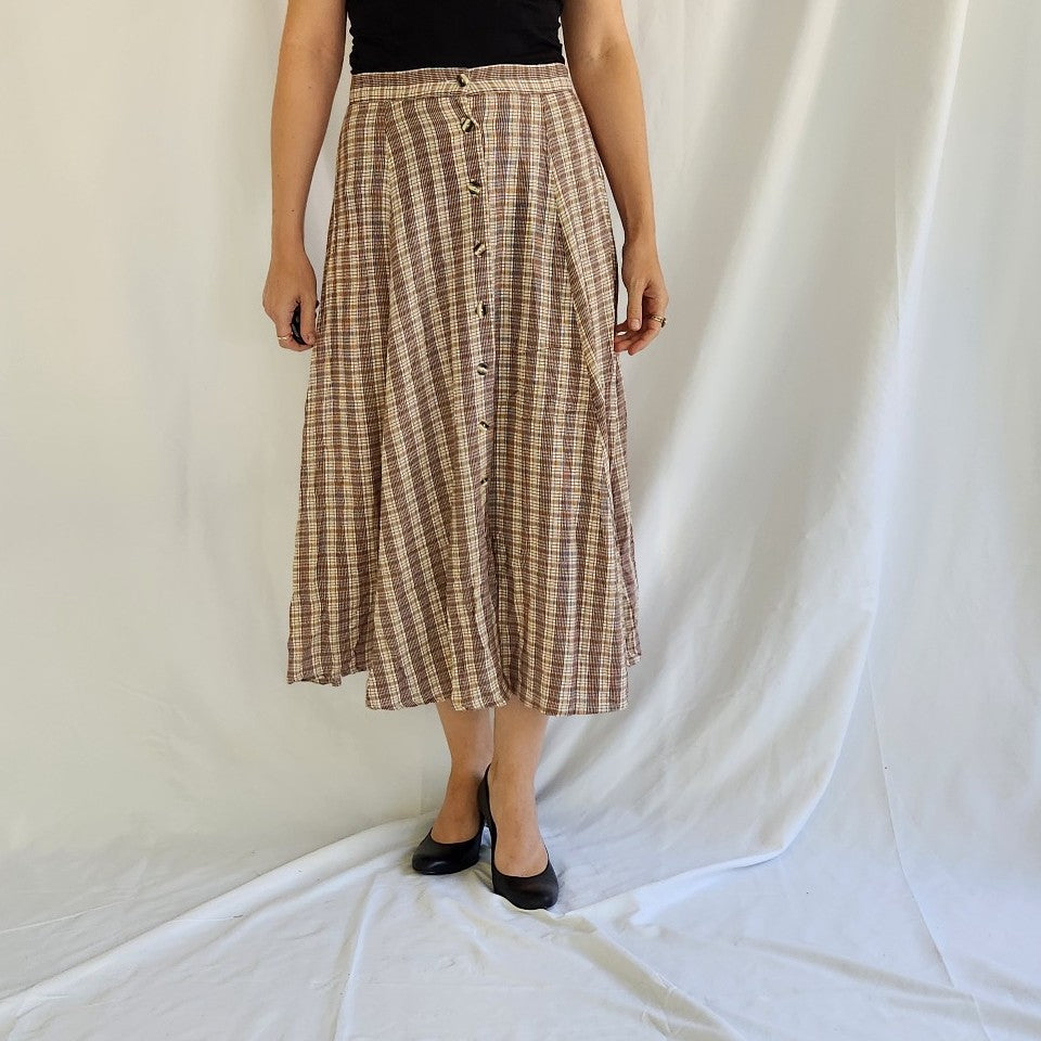 90s Red and Yellow Plaid Button Down Midi Skirt
