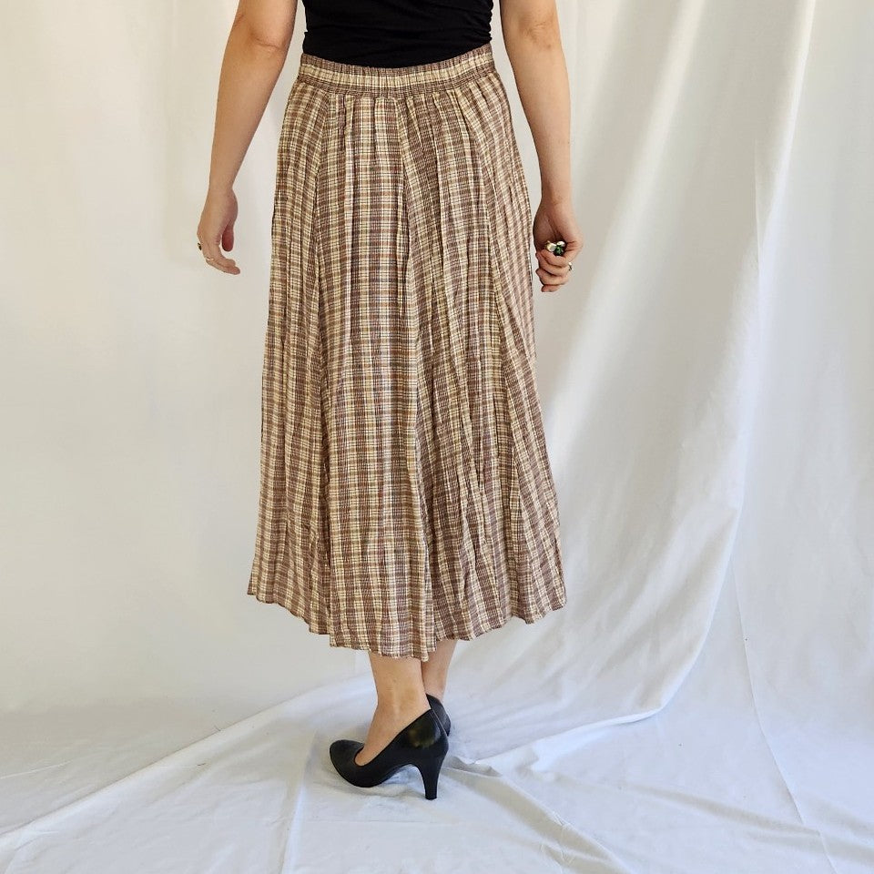 90s Red and Yellow Plaid Button Down Midi Skirt