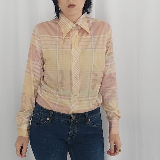 70s Pink and Yellow Plaid Dagger Collar Shirt