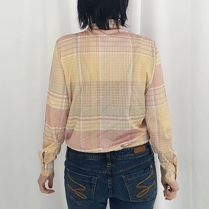70s Pink and Yellow Plaid Dagger Collar Shirt