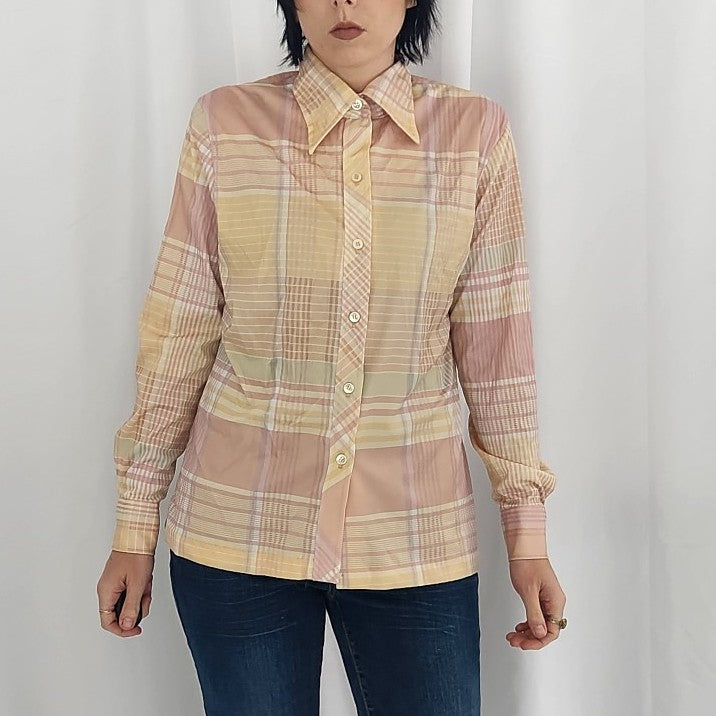 70s Pink and Yellow Plaid Dagger Collar Shirt