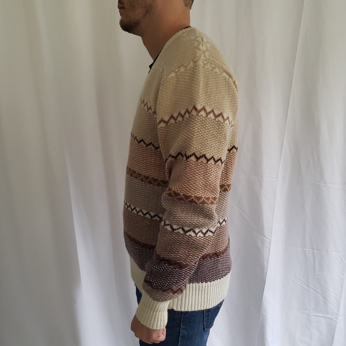 80s/90s Cream and Brown V Neck Sweater