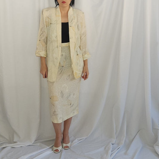 80s Cream Floral Rayon Skirt Suit