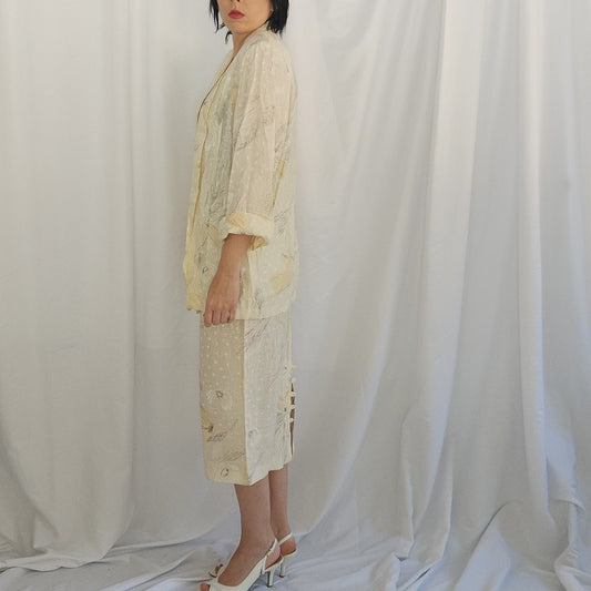 80s Cream Floral Rayon Skirt Suit
