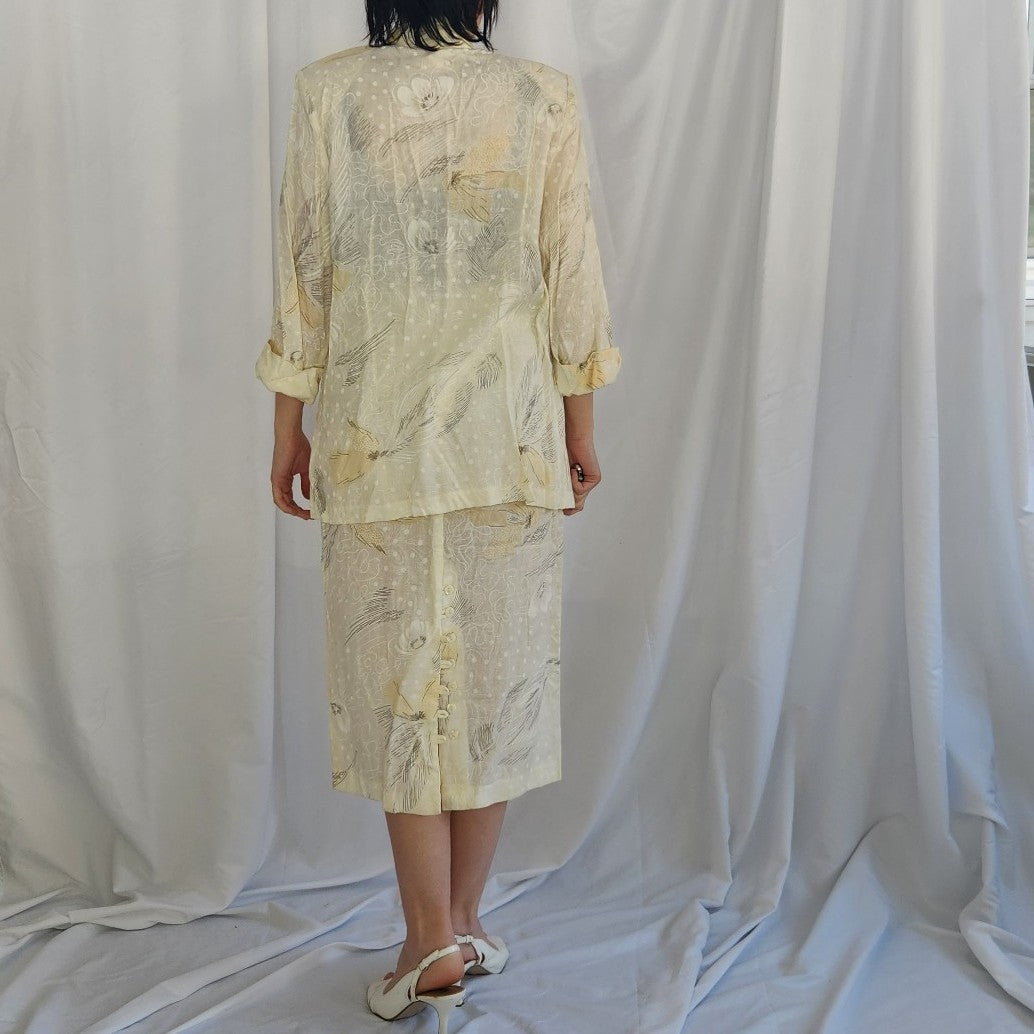 80s Cream Floral Rayon Skirt Suit