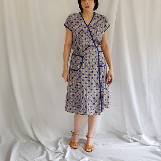 70s Purple, Blue, and Green Homemade Wrap Dress