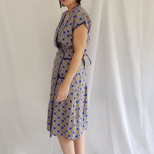 70s Purple, Blue, and Green Homemade Wrap Dress