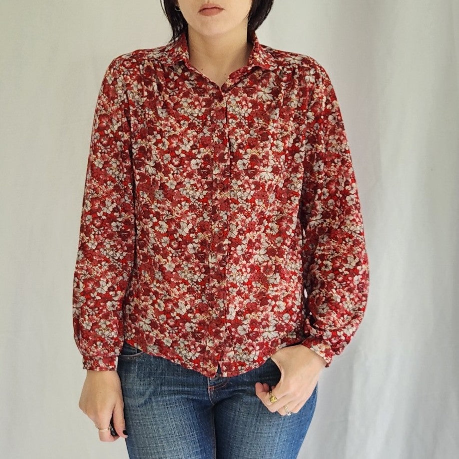 70s Red Floral Blouse