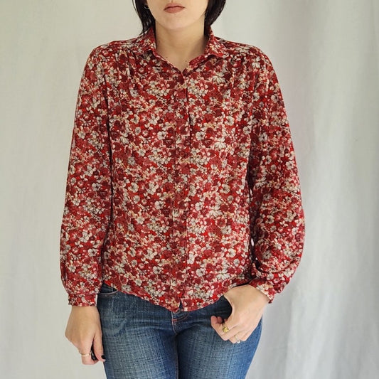 70s Red Floral Blouse