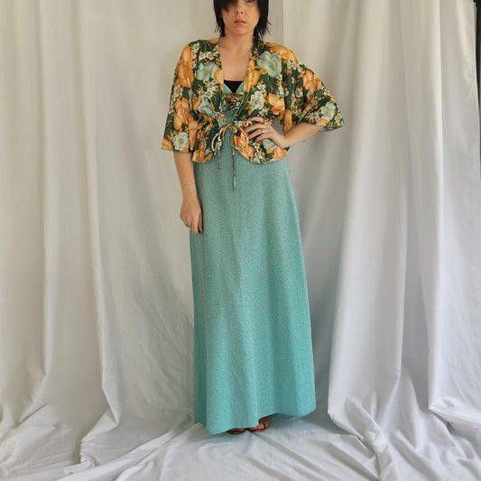 70s Teal Sparkly Dress with Floral Jacket