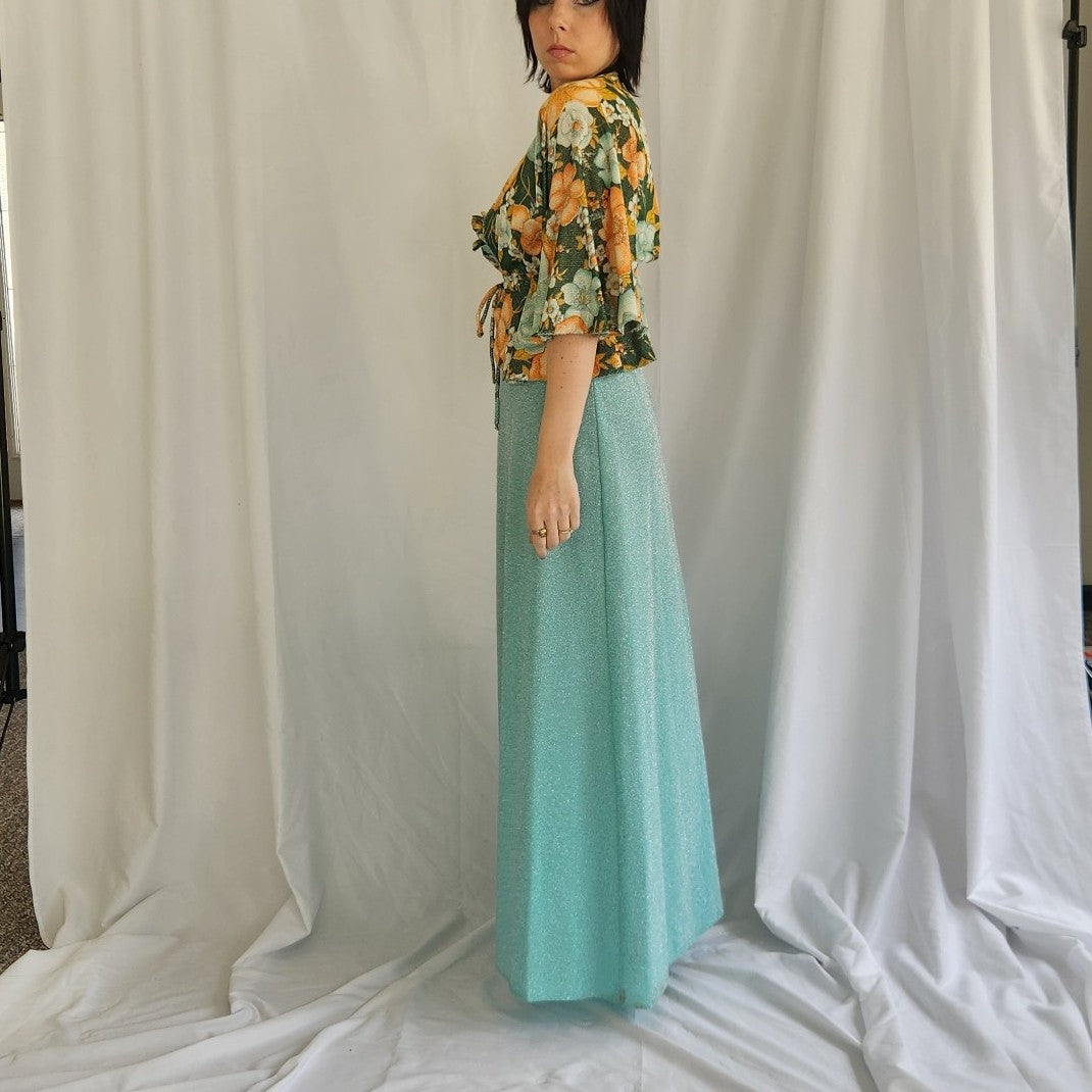 70s Teal Sparkly Dress with Floral Jacket