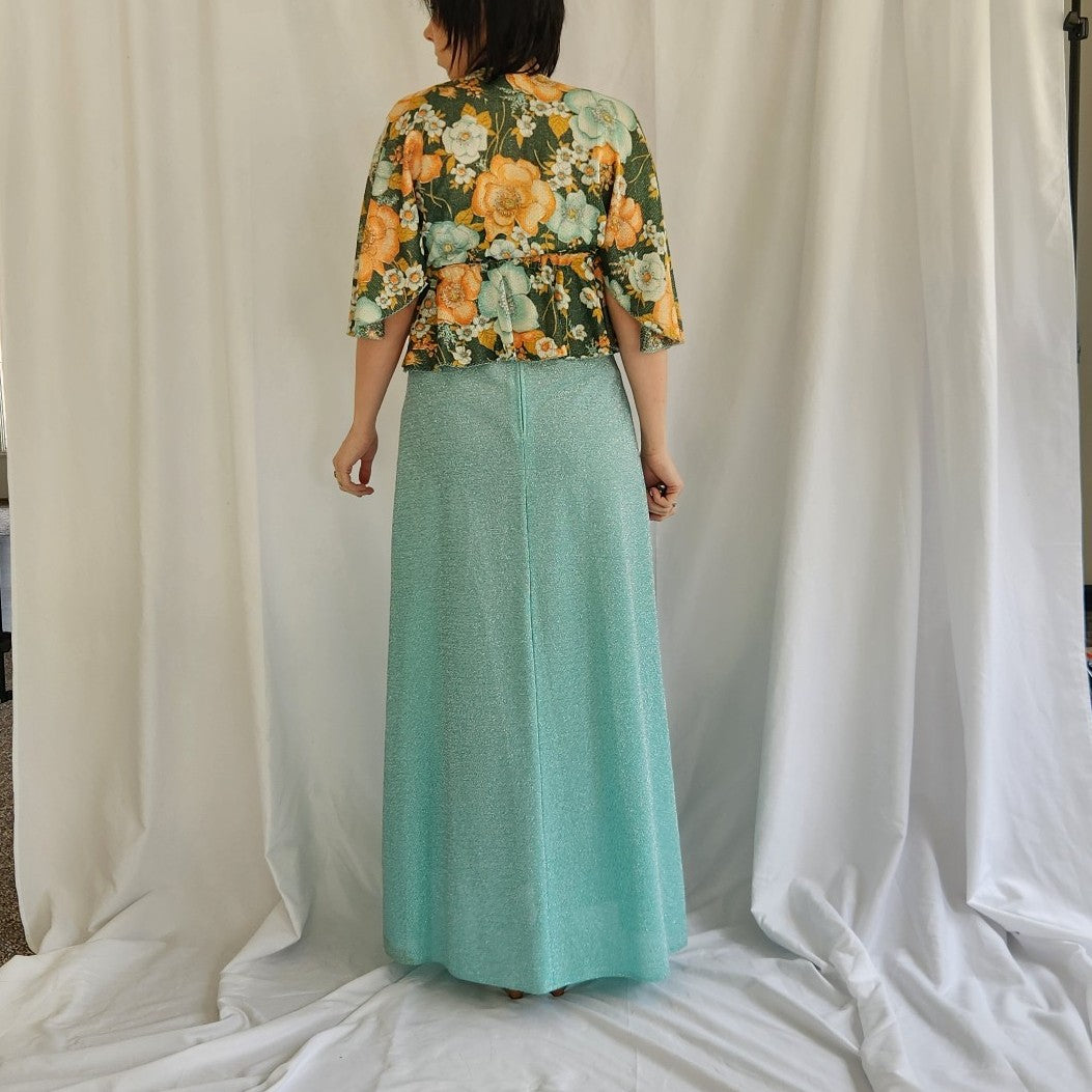 70s Teal Sparkly Dress with Floral Jacket