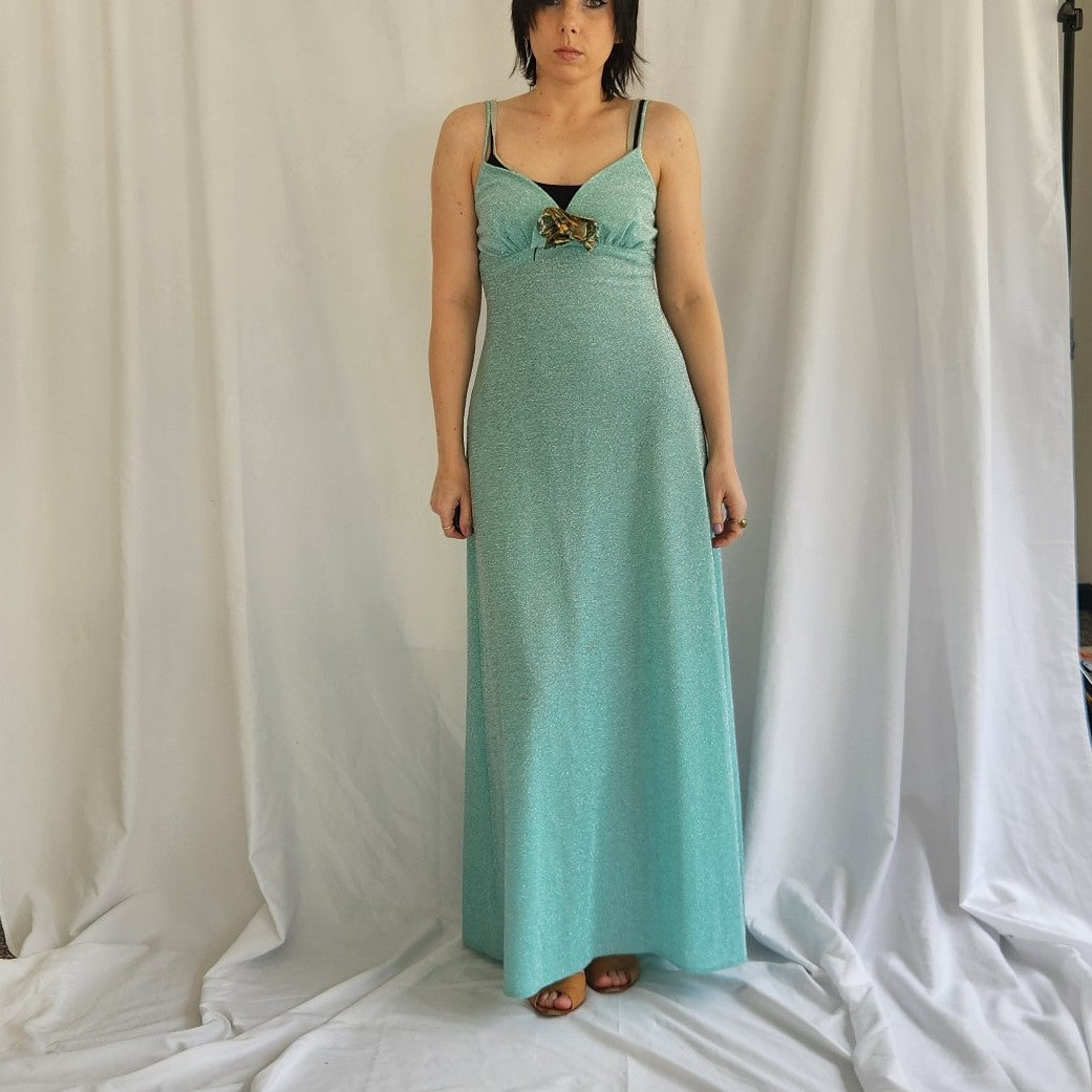 70s Teal Sparkly Dress with Floral Jacket
