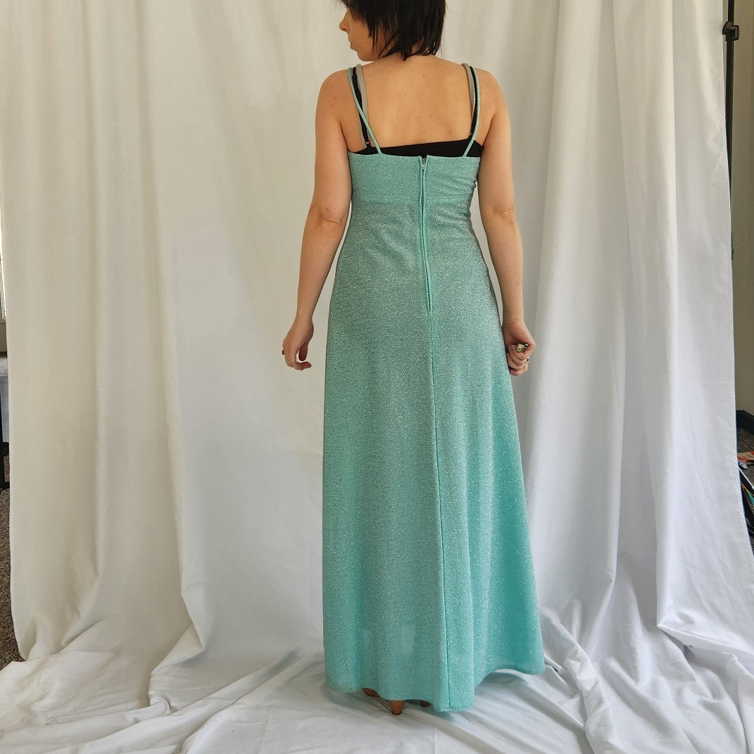 70s Teal Sparkly Dress with Floral Jacket