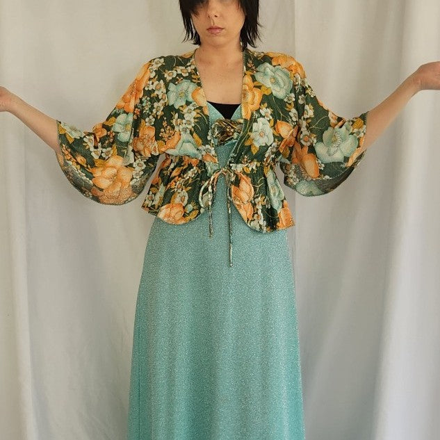 70s Teal Sparkly Dress with Floral Jacket