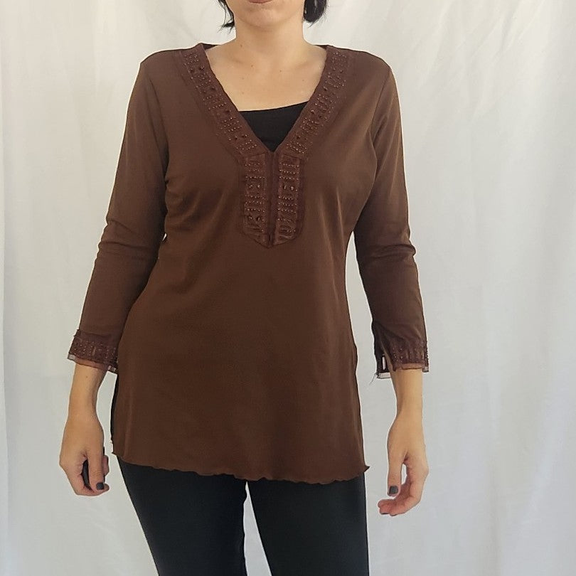 Y2K Sheer Brown Beaded Top