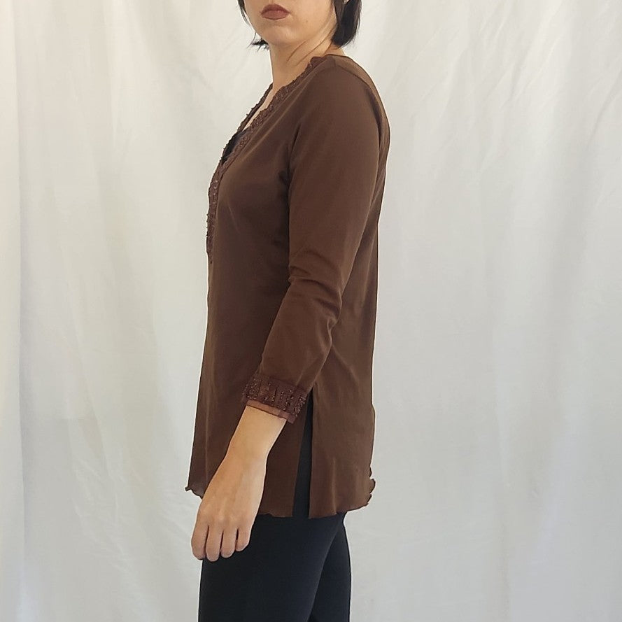 Y2K Sheer Brown Beaded Top