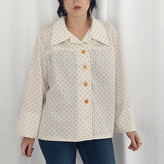 70s White and Orange Polka Dot Shacket