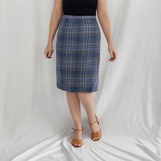 60s Blue Plaid Pencil Skirt