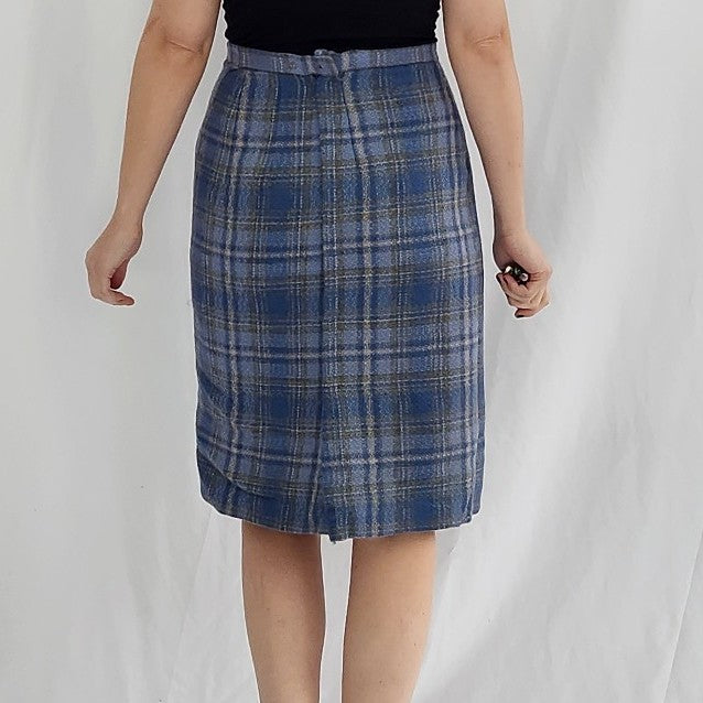 60s Blue Plaid Pencil Skirt