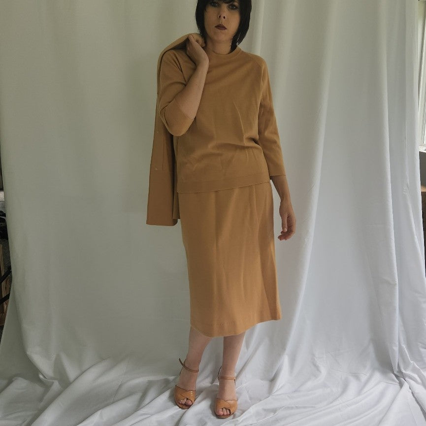 60s Tan Worsted Wool Sweater and Skirt Set