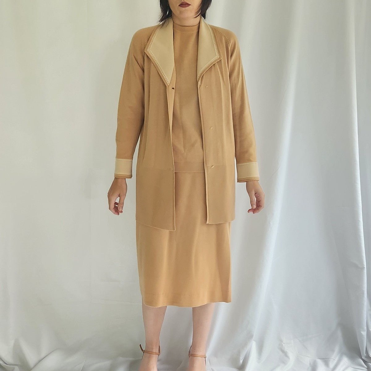 60s Tan Worsted Wool Sweater and Skirt Set