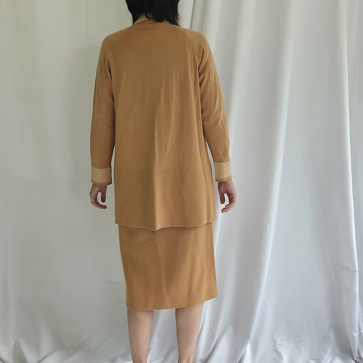 60s Tan Worsted Wool Sweater and Skirt Set