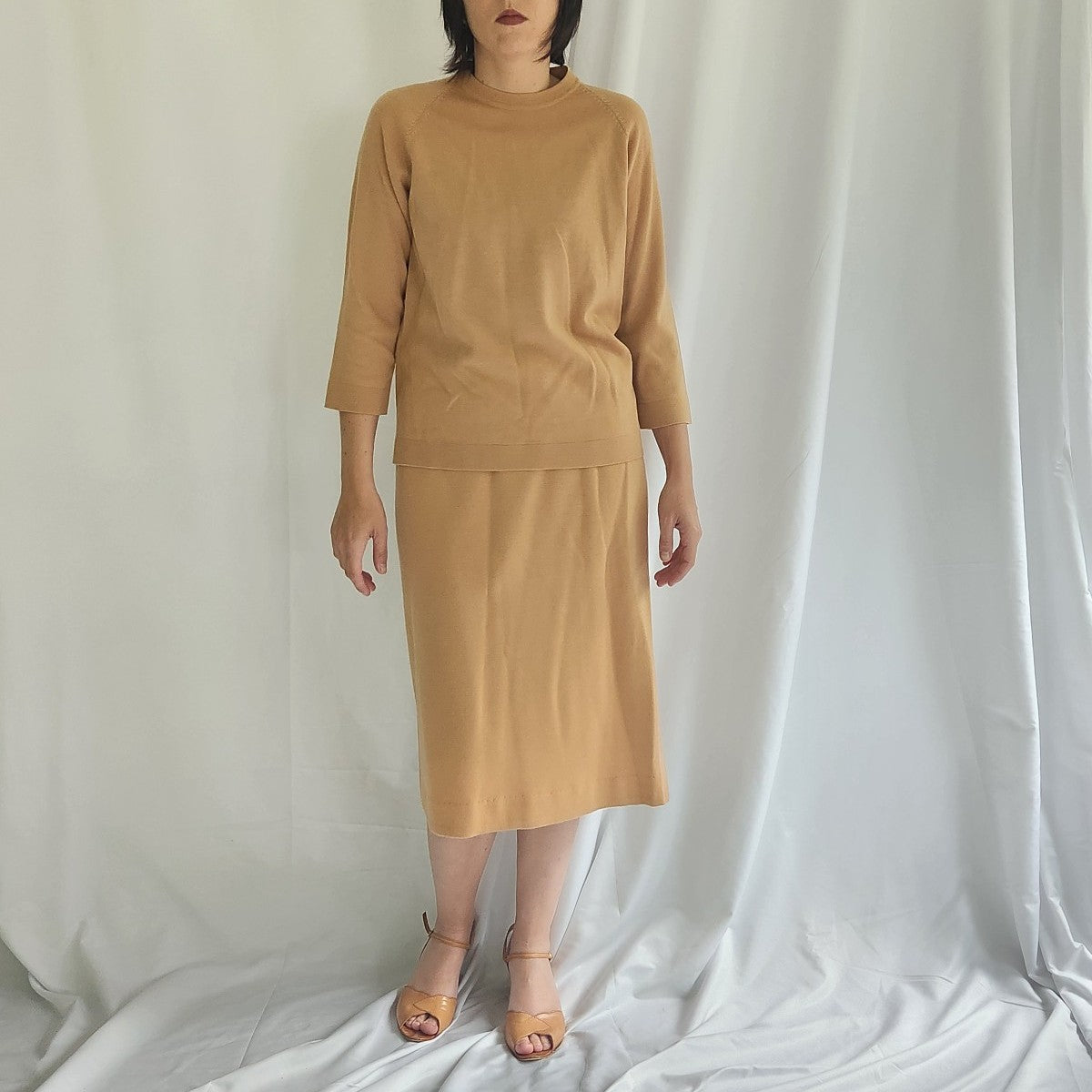 60s Tan Worsted Wool Sweater and Skirt Set