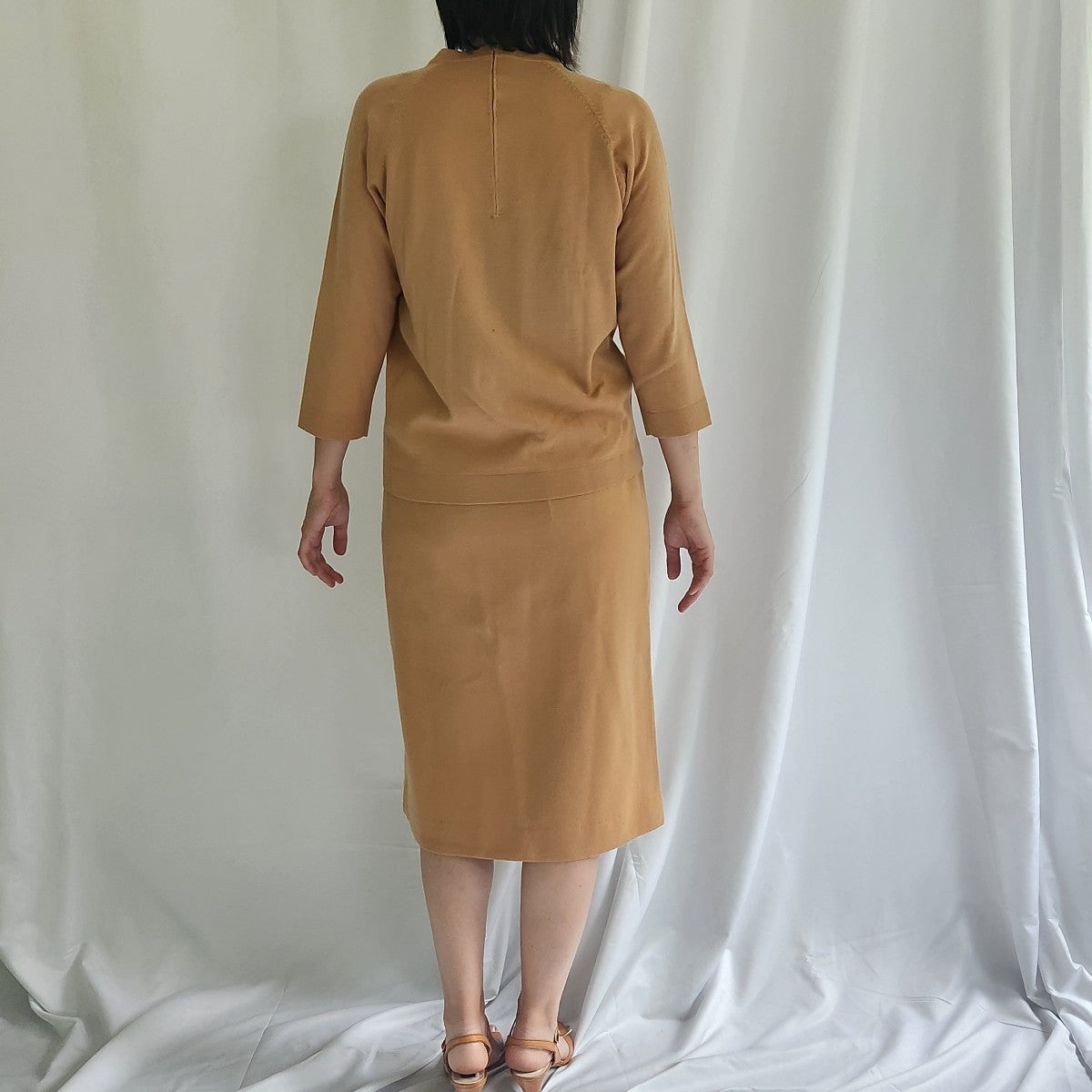 60s Tan Worsted Wool Sweater and Skirt Set