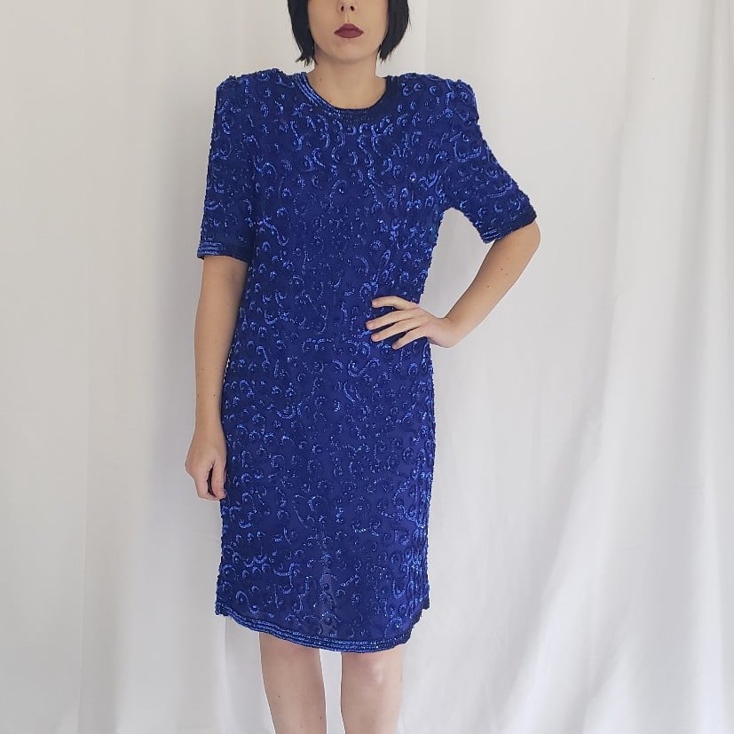 80s/90s Blue Silk Sequin Covered Dress