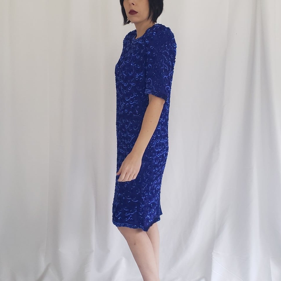 80s/90s Blue Silk Sequin Covered Dress