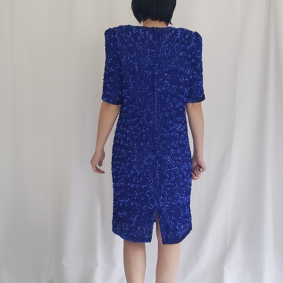 80s/90s Blue Silk Sequin Covered Dress