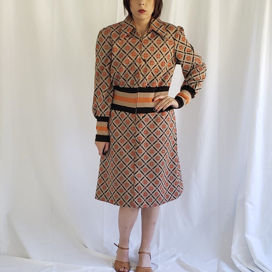 70s Brown and Orange Long Sleeve Dress