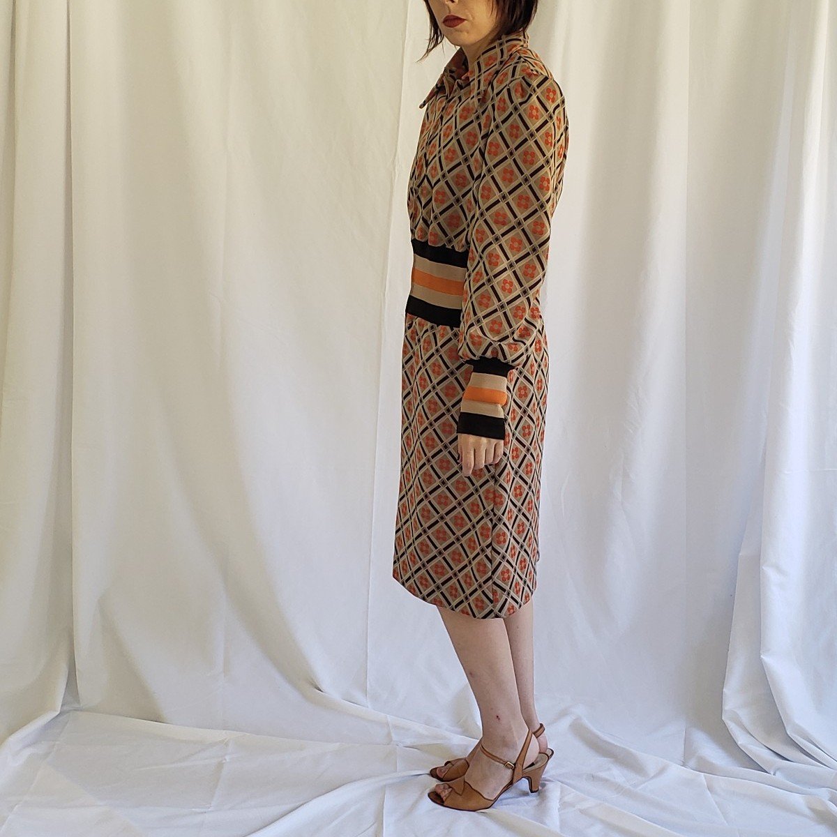 70s Brown and Orange Long Sleeve Dress