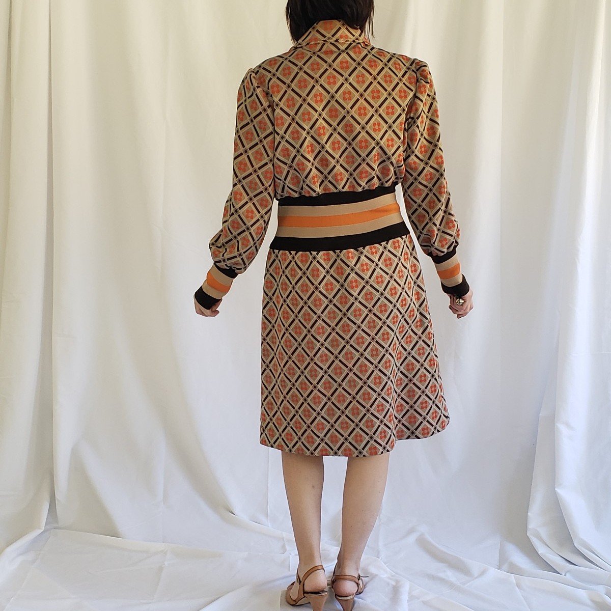 70s Brown and Orange Long Sleeve Dress