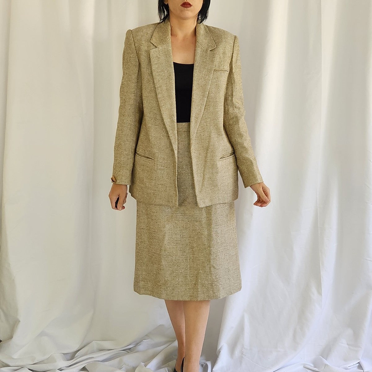 80s/90s Tan Silk Skirt Suit