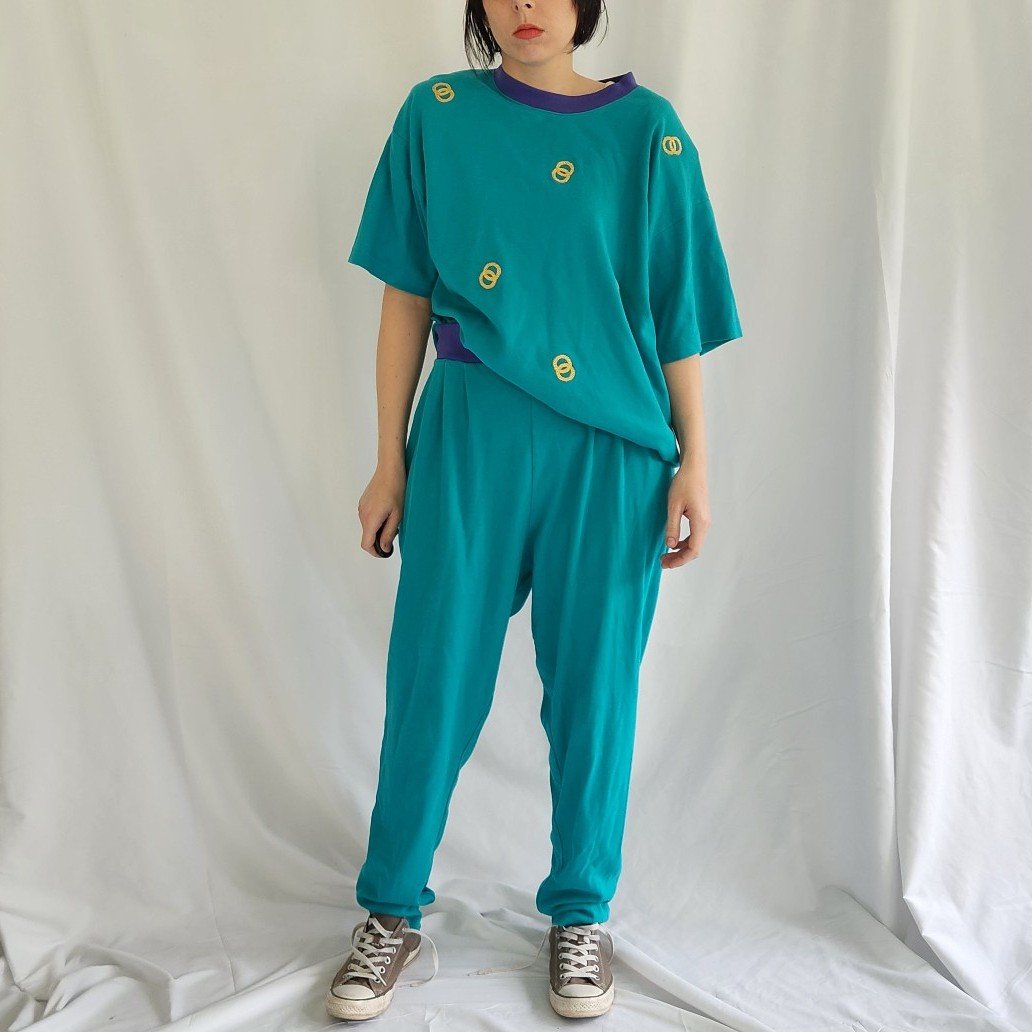 80s/90s Teal and Purple Tee and Pants Set